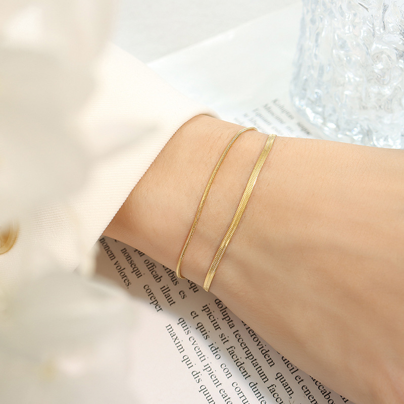 18K Gold Plated Snake Chain and Herringbone Double Chain Bracelet Stainless Steel