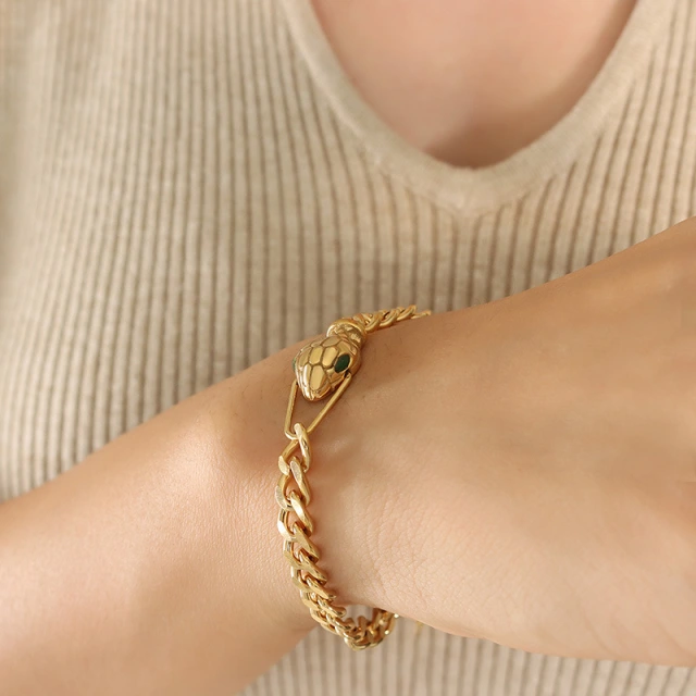 18K Personalised Snakehead Green Zirconia Cuban Chain Bracelet