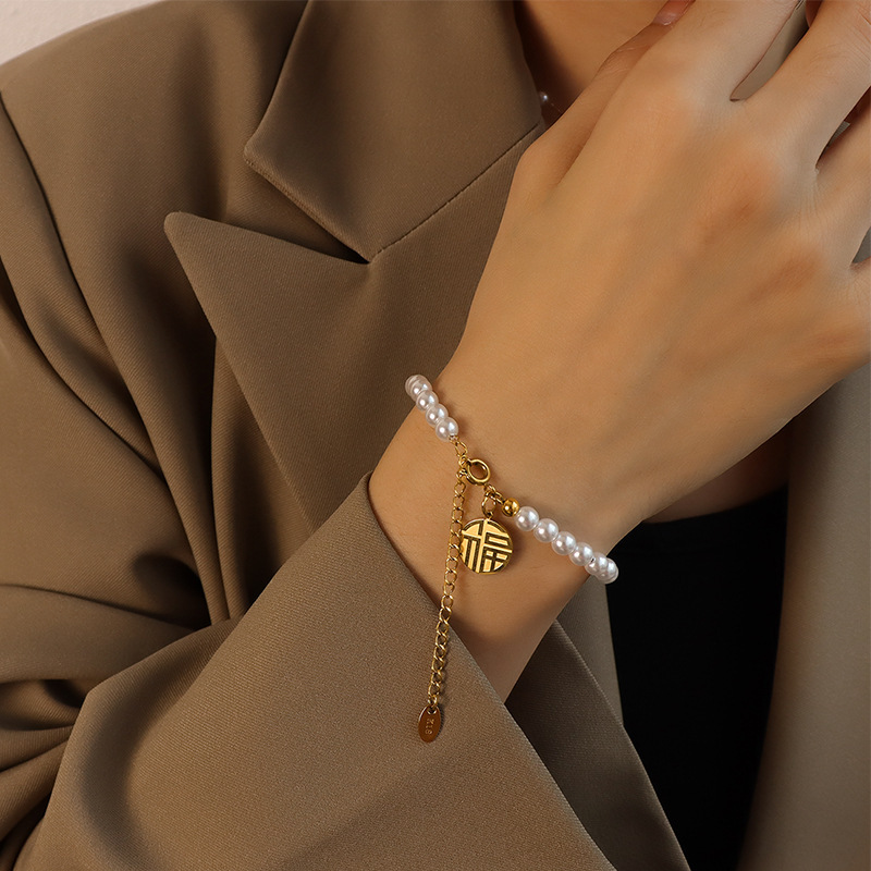 Chinese Style Round Plaque Fortune Imitation Pearl 316L Stainless Steel Bracelet