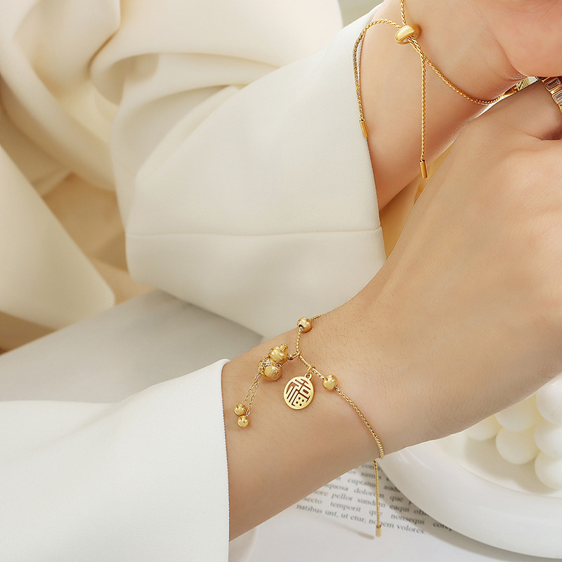 18K Gold Plated Ethnic Style Good Luck Gourd Fortune Pull Out Bracelet Stainless Steel