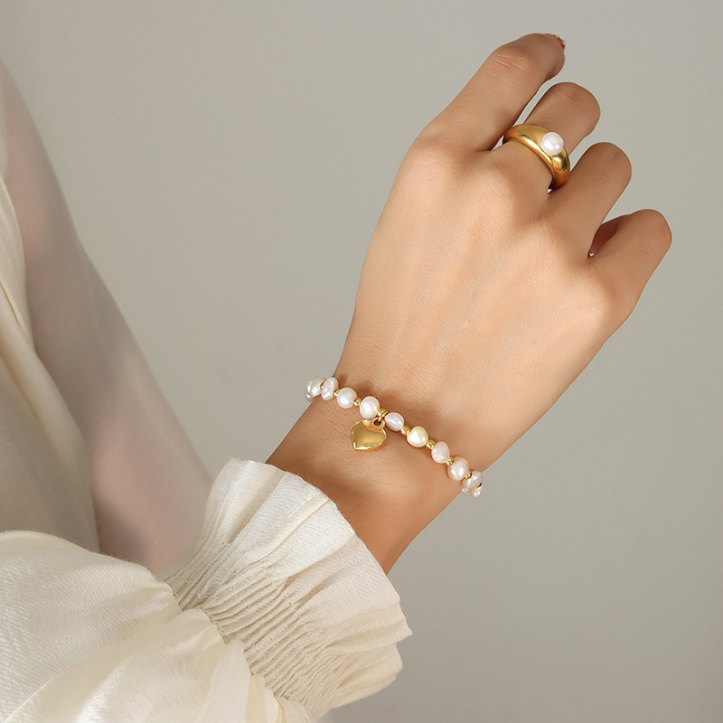 French Heart Charm Freshwater Pearl Spliced Steel Bead Bracelet Stainless Steel