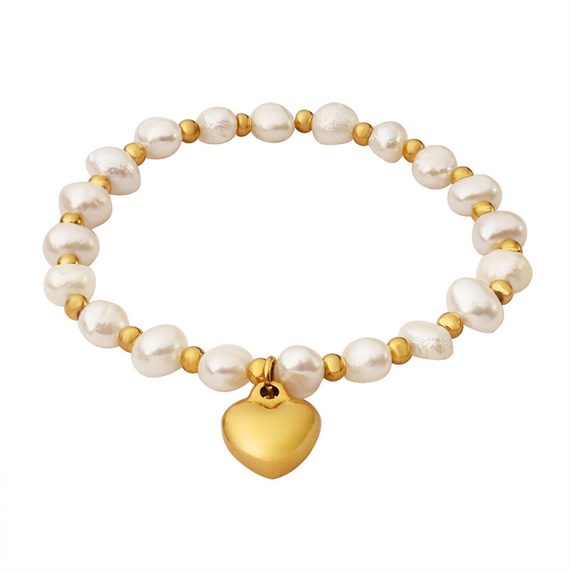 French Heart Charm Freshwater Pearl Spliced Steel Bead Bracelet Stainless Steel