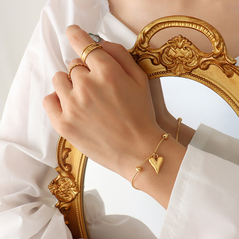 18K Gold Plated Ethnic Heart Charm Pull Out Bracelet Stainless Steel