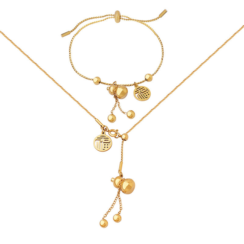 18K Gold Plated Ethnic Style Good Luck Gourd Fortune Pull Out Bracelet Stainless Steel