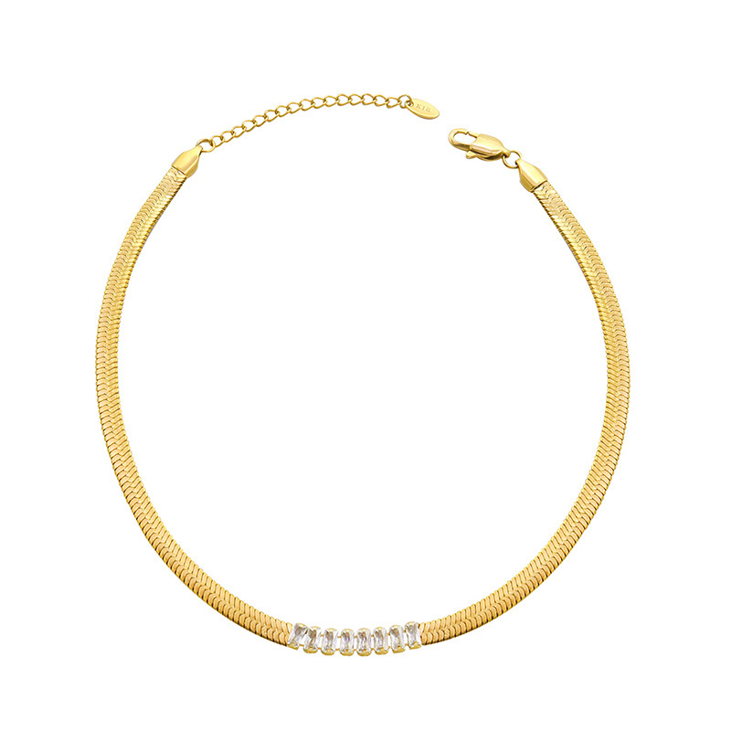 Choker Herringbone Chain Articulated Square Zirconia Stainless Steel Bracelet
