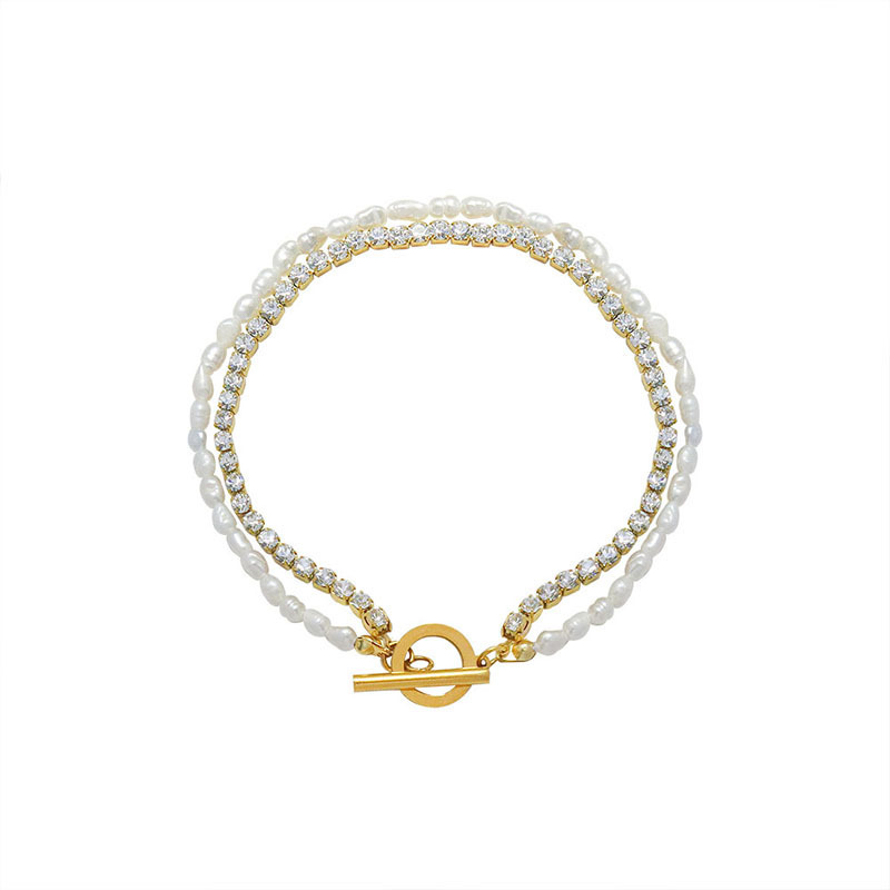 Double Bracelet Stainless Steel Chain with Zirconia and Freshwater Pearls