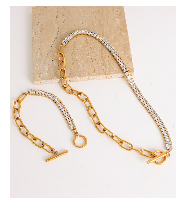 Bold Chain Attached White Zirconia Stainless Steel Bracelet with Toggle