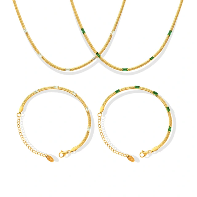 Baroque Snake Chain Bracelet with White or Green Zirconium Stainless Steel