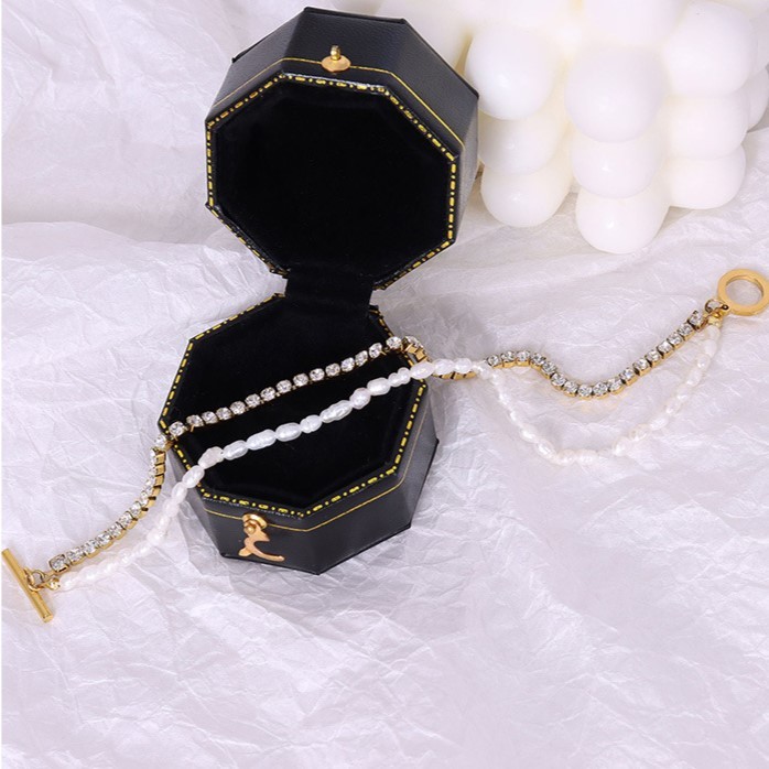 Double Bracelet Stainless Steel Chain with Zirconia and Freshwater Pearls