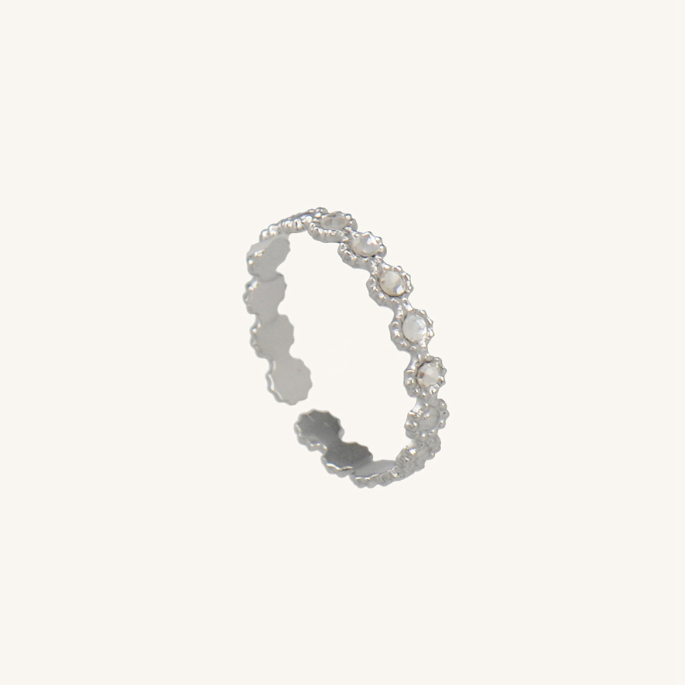 Silver Coloured Open  316L Stainless Steel Ring with White Rhinestones.