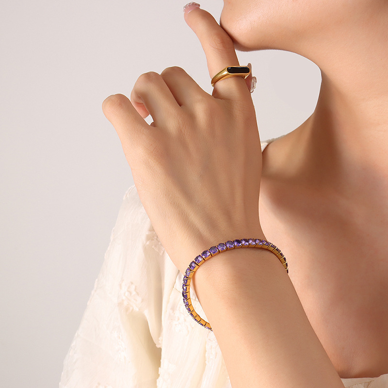 18K Gold Plated Multicolor Zirconia Stretch Wire Bracelet Stainless Steel