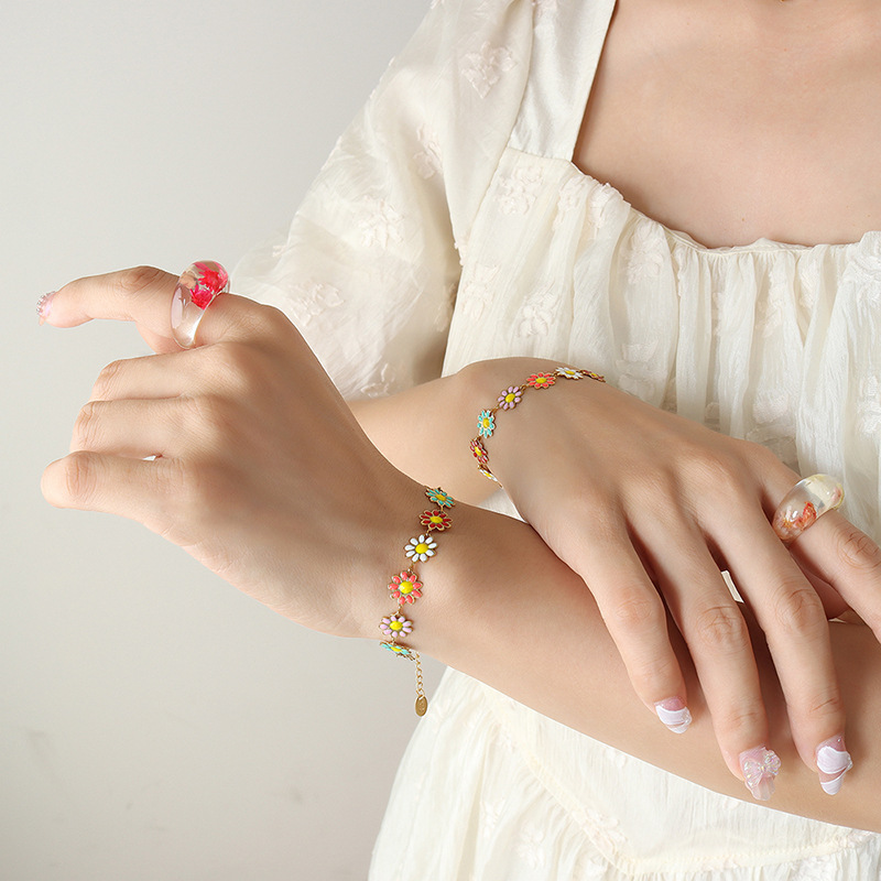 Rustic Colorful Small Flower Enameled Sunflower Patchwork Bracelet Stainless Steel