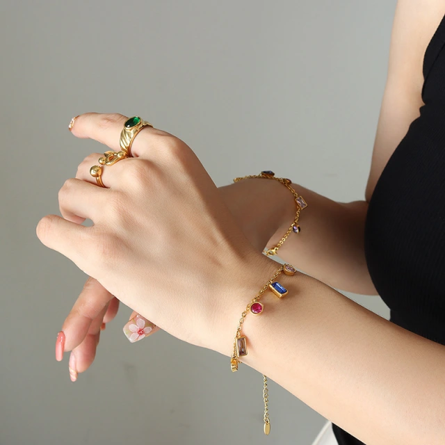 Hypoallergenic Multicolor Zirconia Charm Tassel Bracelet Stainless Steel