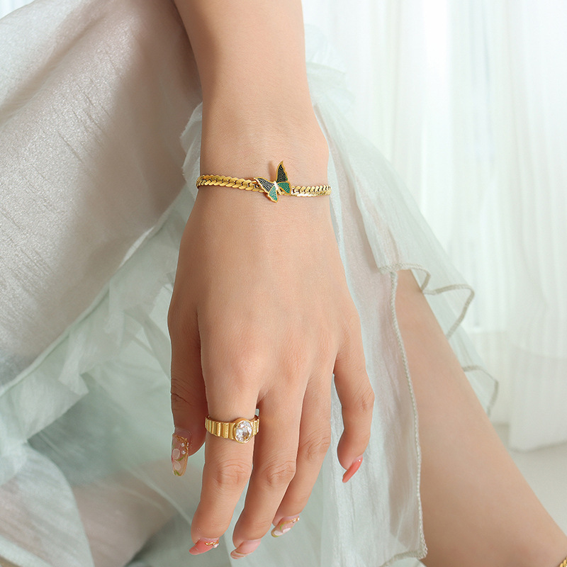 Fine Enamel Butterfly Herringbone Bracelet 316L Stainless Steel Gold Plated