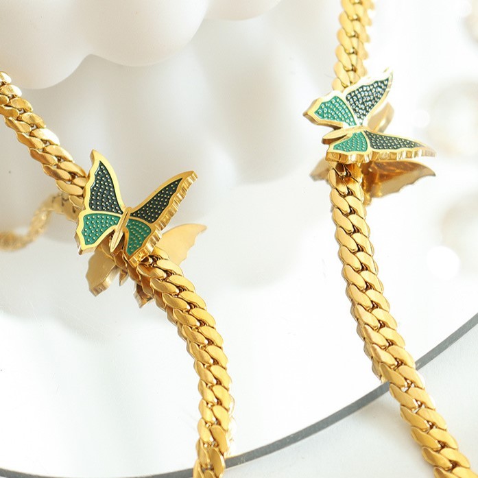 Fine Enamel Butterfly Herringbone Bracelet 316L Stainless Steel Gold Plated
