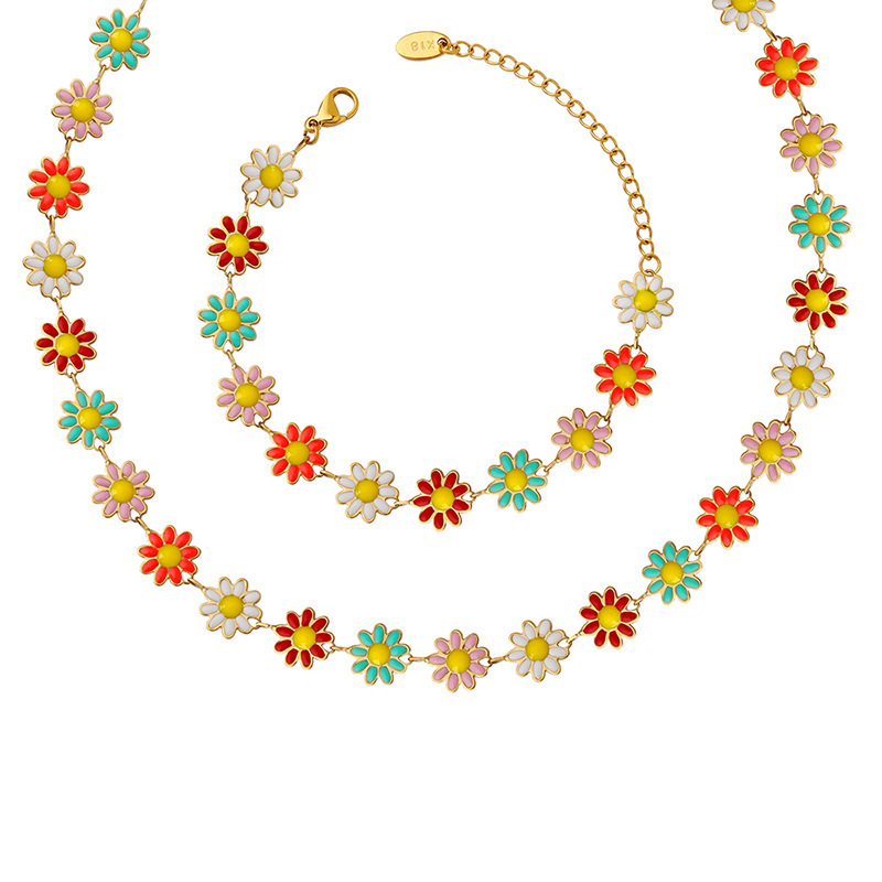 Rustic Colorful Small Flower Enameled Sunflower Patchwork Bracelet Stainless Steel