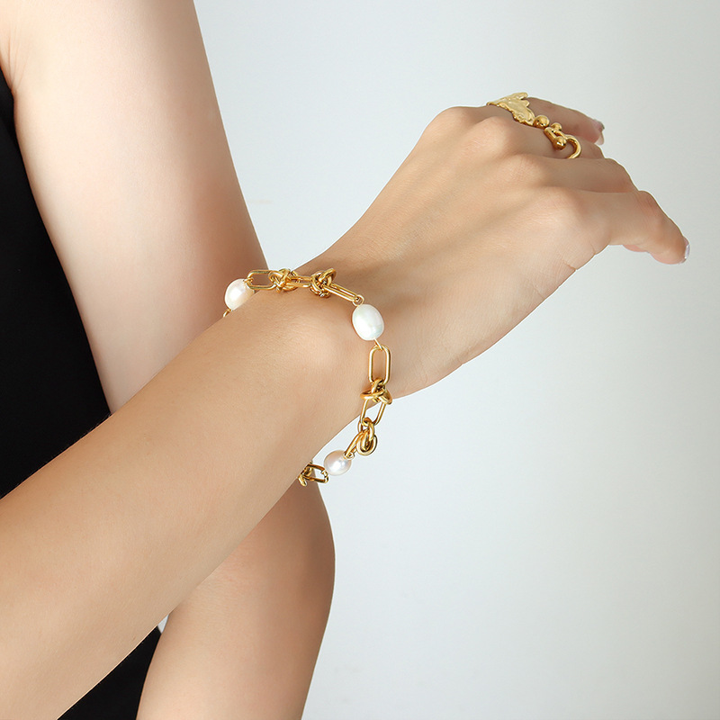 French Gold Plated Freshwater Pearl Twist Chain Bracelet Stainless Steel