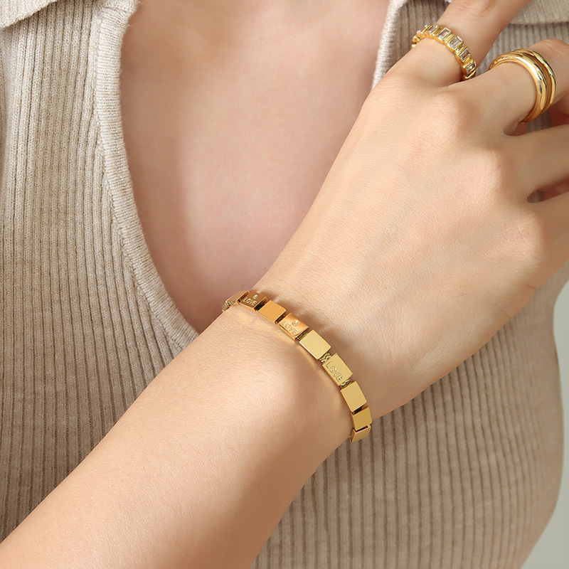 18K Gold Plated Square Patchwork LOVE Stamped Bracelet Stainless Steel