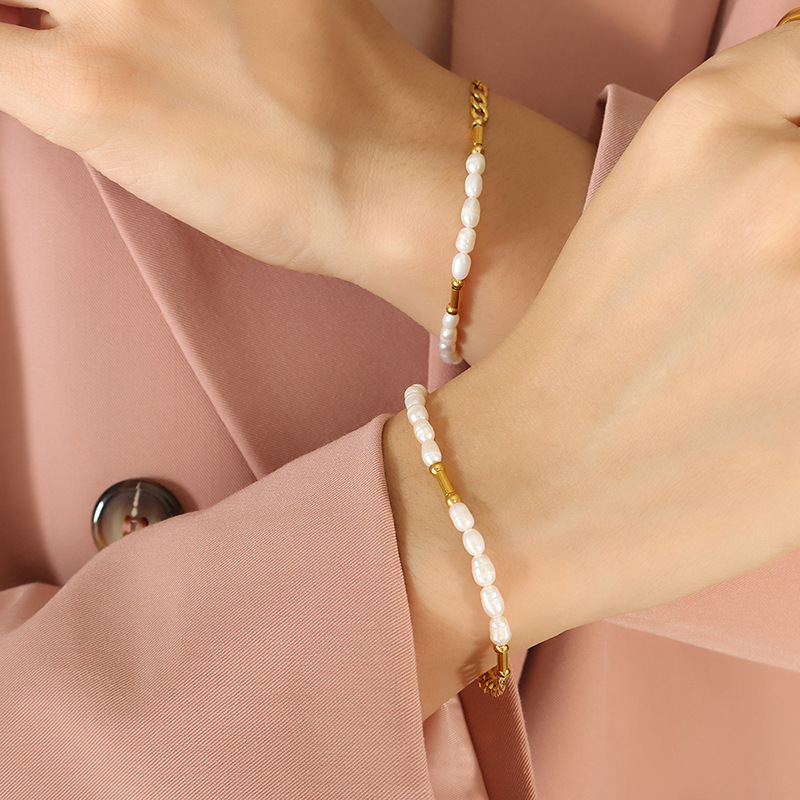 Beach Resort Style 18K Bar Beaded Chain Bracelet Stainless Steel