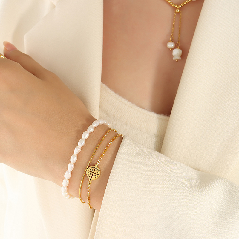 Stacked Triple Layers Natural Freshwater Pearls Blessing Bracelet Stainless Steel