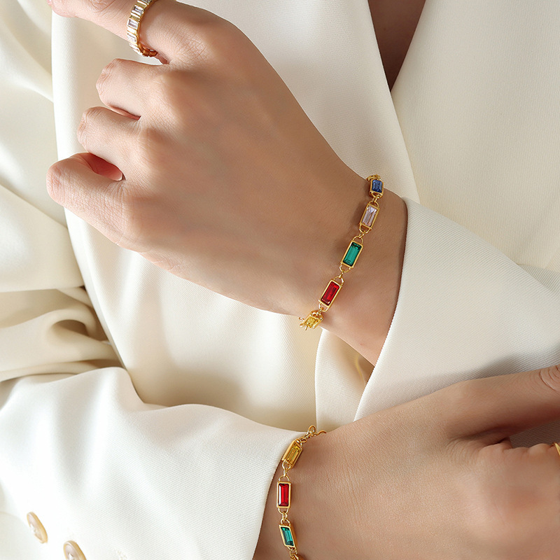 Personalized Gold-Plated Stainless Steel Colorful Rhinestone Patchwork Bracelet
