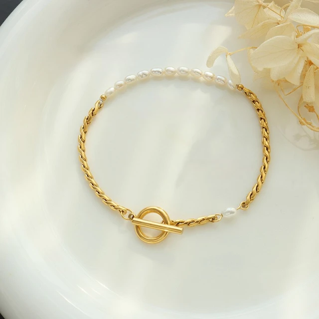18K Gold-plated Stainless Steel Rope Chain with Freshwater Pearls / Bracelet de perles
