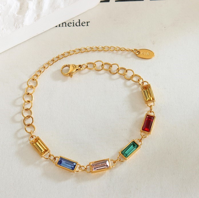 Personalized Gold-Plated Stainless Steel Colorful Rhinestone Patchwork Bracelet