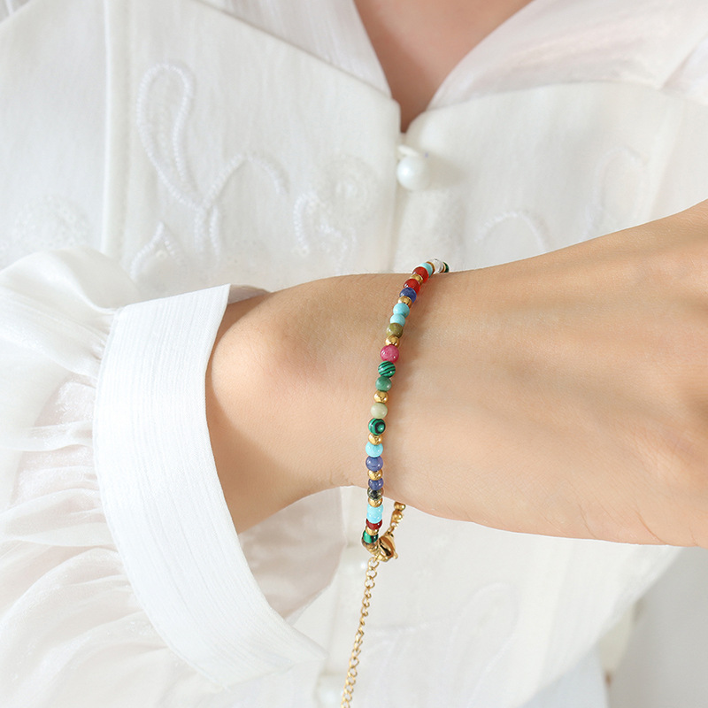 Bohemian Ethnic Colorful Natural Stone Beaded Bracelet Stainless Steel / Bracelet de Bohème