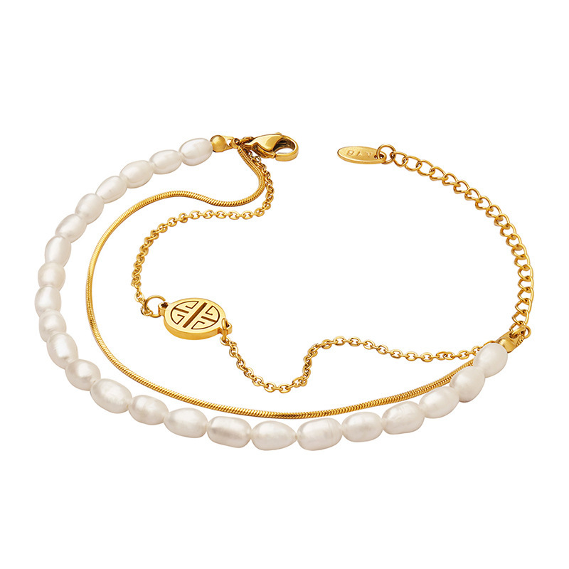 Stacked Triple Layers Natural Freshwater Pearls Blessing Bracelet Stainless Steel