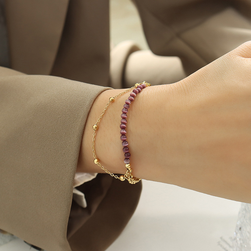 Versatile Cat's Eye Double Layers Stainless Steel 18K Gold Plated Bracelet