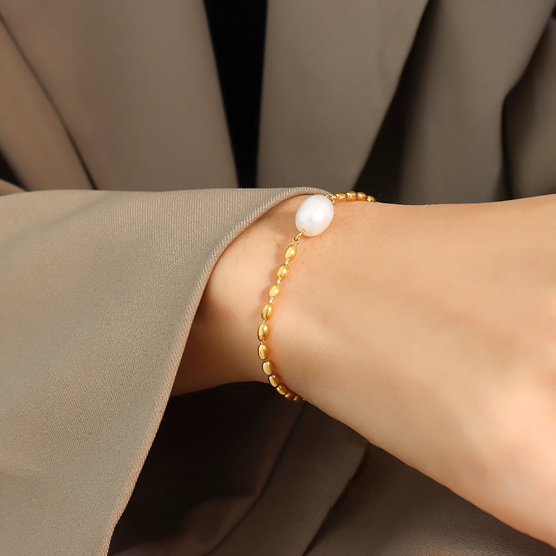 Temperament Freshwater Pearls Spliced Rice Beads 316L Stainless Steel Bracelet