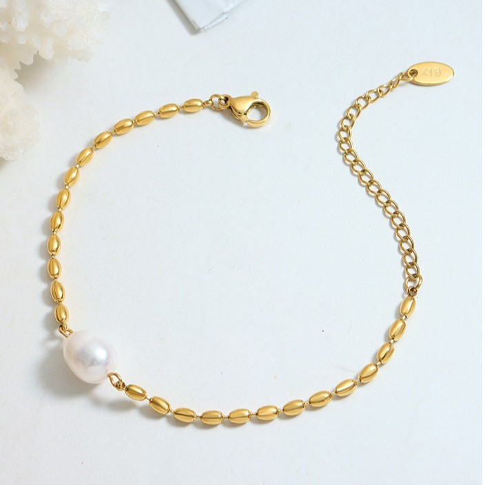 Temperament Freshwater Pearls Spliced Rice Beads 316L Stainless Steel Bracelet