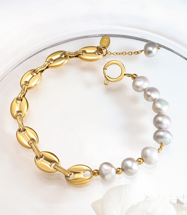 Unique Pig's Nose Freshwater Pearl Patchwork Bracelet Stainless Steel PVD Coating