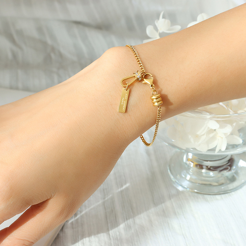 Minimalist Set Zirconia Engraved Square Tag Charm Bracelet Stainless Steel