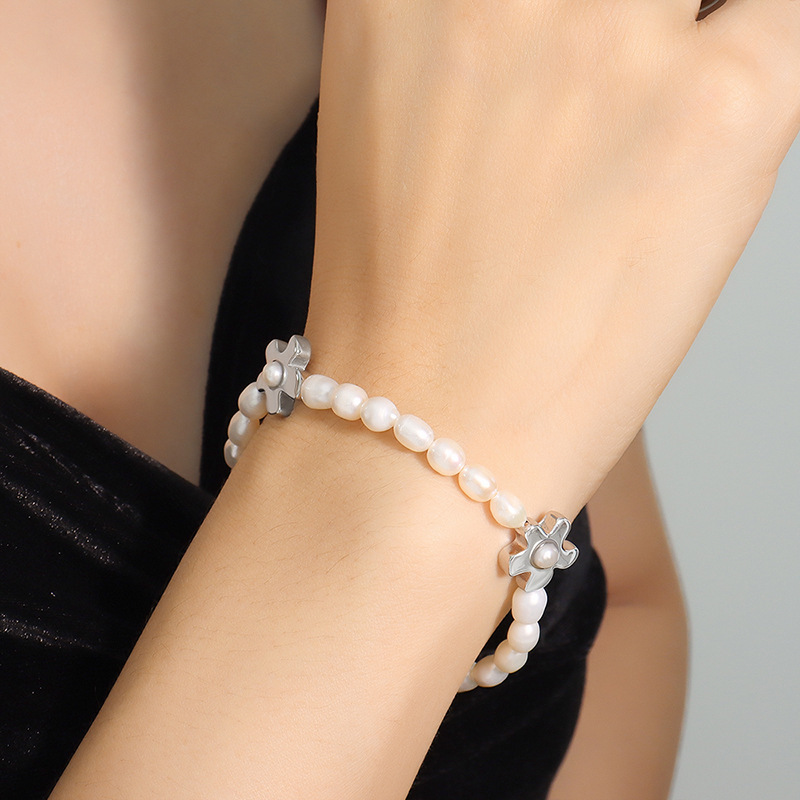 French Flower Pendant Irregular Oval Freshwater Pearl Bracelet Stainless Steel