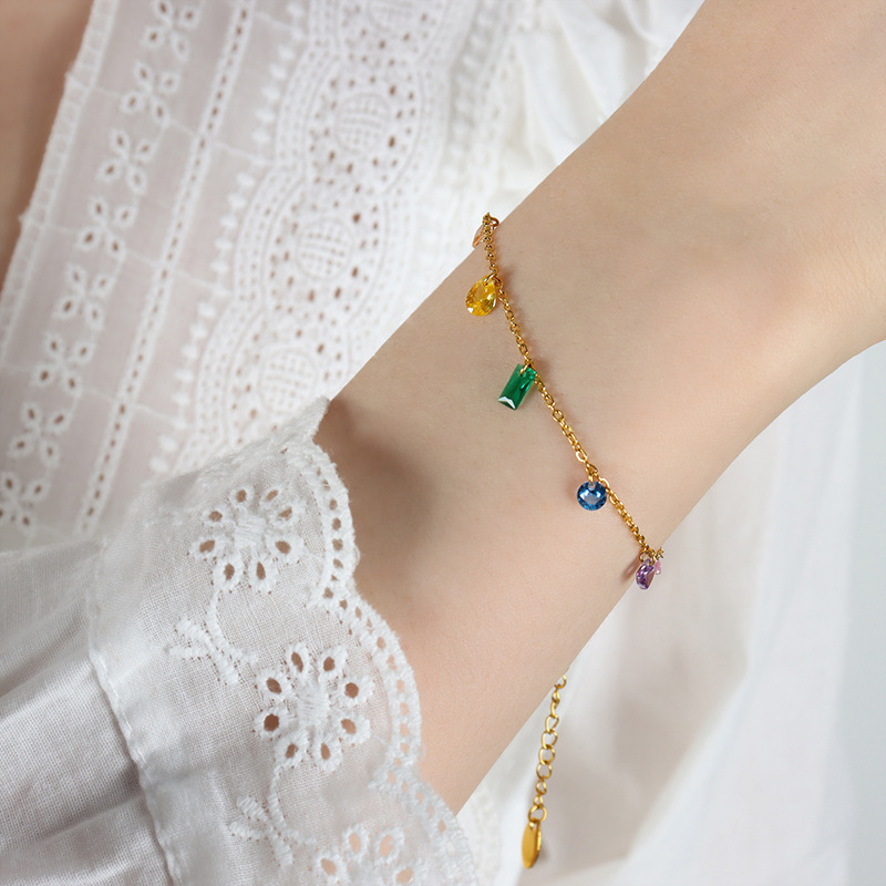Hypoallergenic Rainbow Zirconia Plated 18K Gold Bracelet Stainless Steel