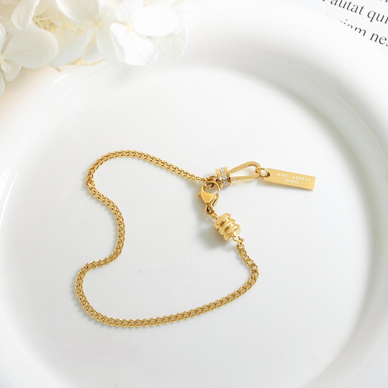 Minimalist Set Zirconia Engraved Square Tag Charm Bracelet Stainless Steel