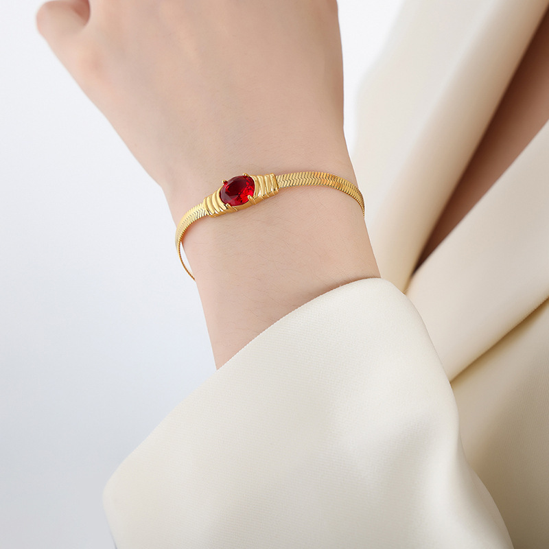Colored Zircon set in the middle of Herringbone Chain Stainless Steel Bracelet Gold Plated