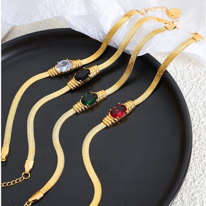 Colored Zircon set in the middle of Herringbone Chain Stainless Steel Bracelet Gold Plated