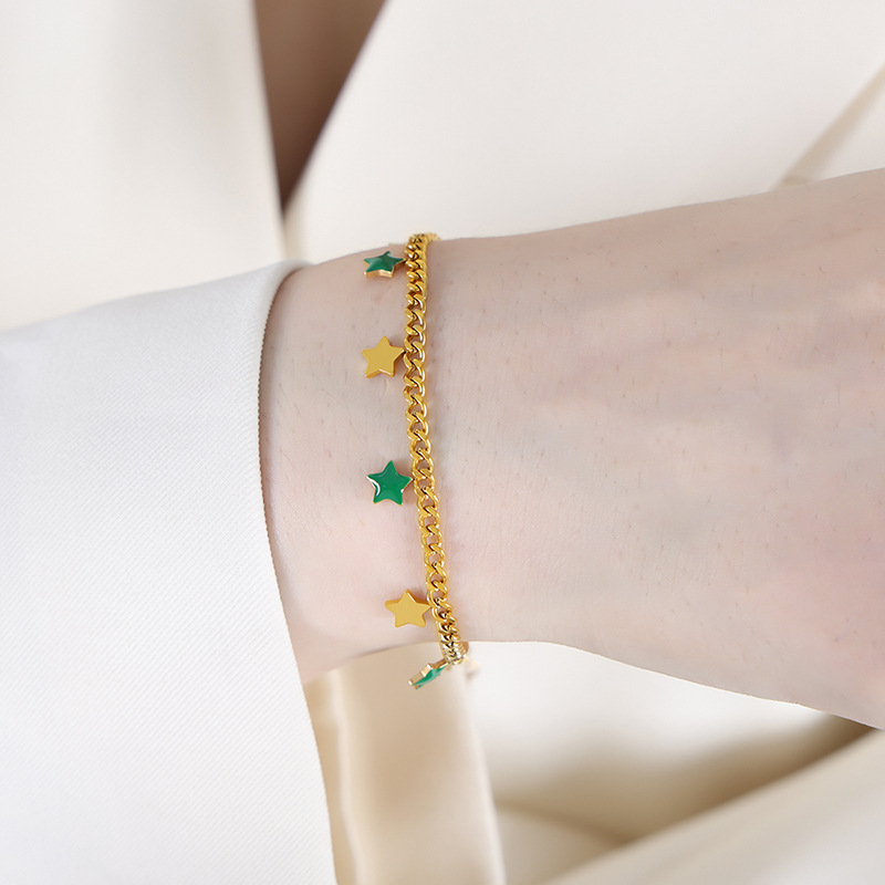 Sweet Multicolor Star Moon Tassel Enamel Charm Bracelet Stainless Steel
