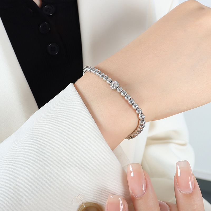 Polished 316L Stainless Steel Gold Plated Beaded Bracelet with Rhinestone