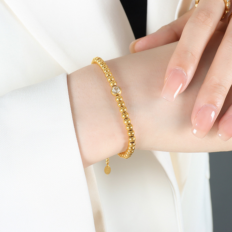 Polished 316L Stainless Steel Gold Plated Beaded Bracelet with Rhinestone