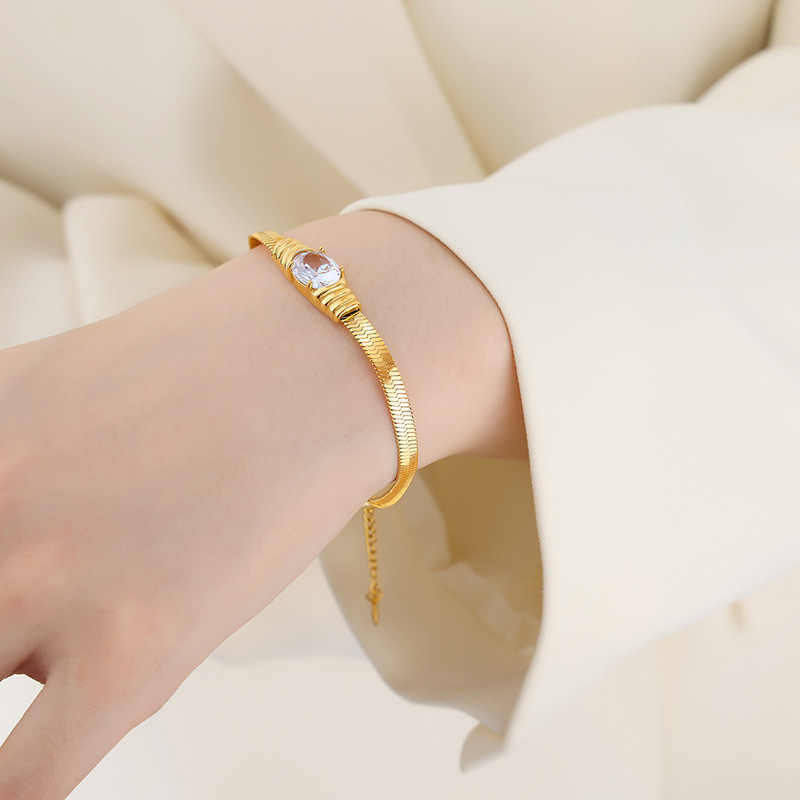 Colored Zircon set in the middle of Herringbone Chain Stainless Steel Bracelet Gold Plated