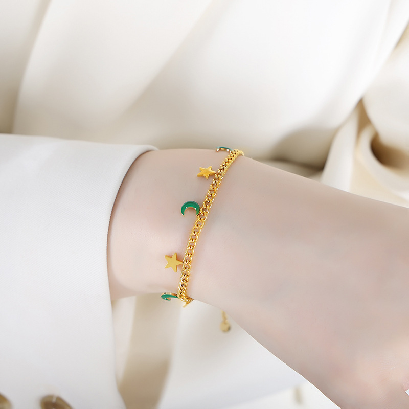 Sweet Multicolor Star Moon Tassel Enamel Charm Bracelet Stainless Steel