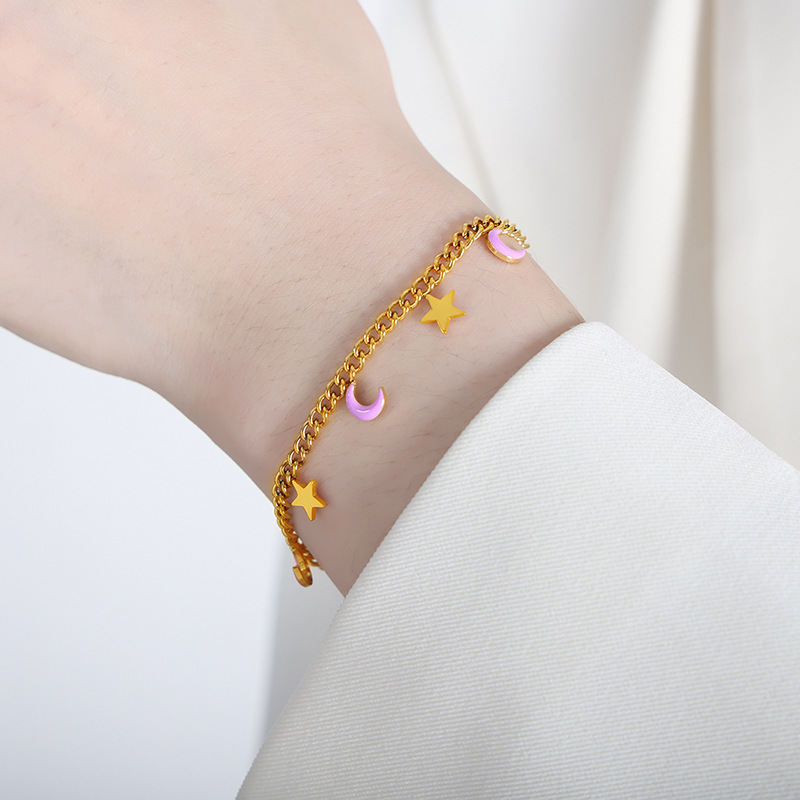 Sweet Multicolor Star Moon Tassel Enamel Charm Bracelet Stainless Steel