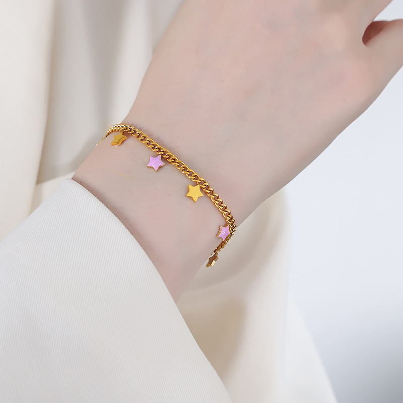 Sweet Multicolor Star Moon Tassel Enamel Charm Bracelet Stainless Steel