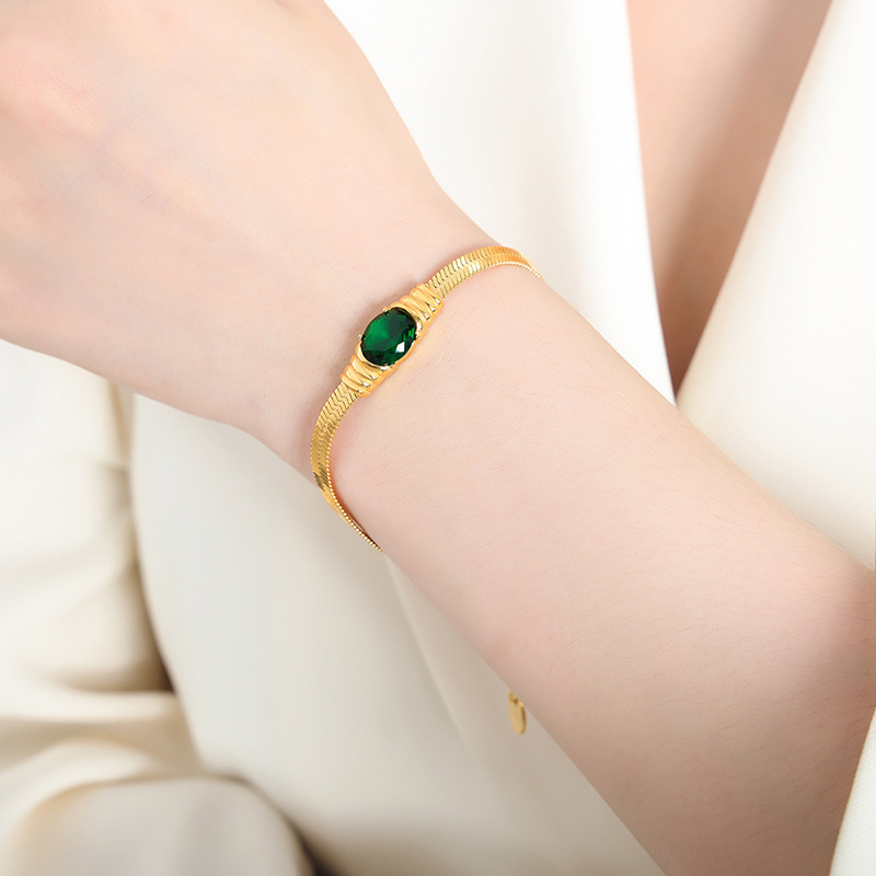 Colored Zircon set in the middle of Herringbone Chain Stainless Steel Bracelet Gold Plated