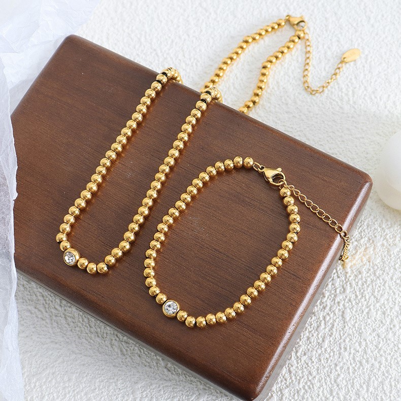 Polished 316L Stainless Steel Gold Plated Beaded Bracelet with Rhinestone