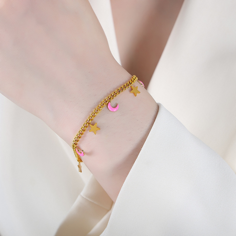 Sweet Multicolor Star Moon Tassel Enamel Charm Bracelet Stainless Steel