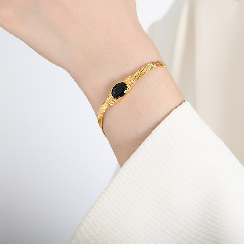Colored Zircon set in the middle of Herringbone Chain Stainless Steel Bracelet Gold Plated